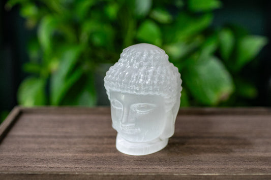 Satin Spar Selenite Buddha Head Carving